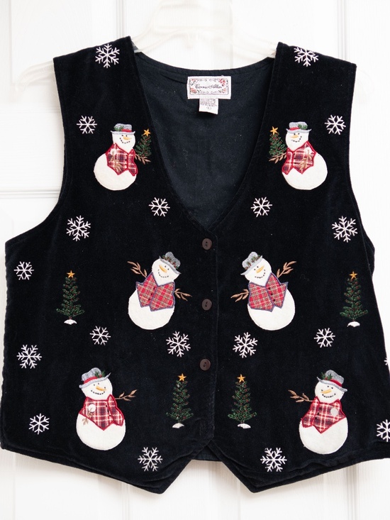 Vintage Christmas Velvet Vest Sz L Carrie Allen Grannycore Snowman Ugly Sweater - Picture 1 of 4